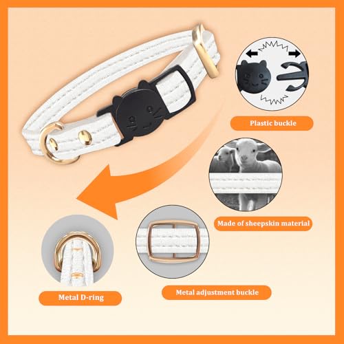 Cat Collar Breakaway with D-Ring and Safety Buckle, Adjustable, Soft Sheep Leather and Lightweight for Kittens and Small Pets(Neck Fit 7.5"-11", White) - color: White