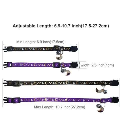 2 Pack Breakaway Cat Collars, Glow in Dark with Bell & Moon Star Pendant, Safety Buckle Kitten Collars Adjustable from 6.9-10.7" (Black/Purple) - color: Black & Purple, size: 6.9 - 10.7 in