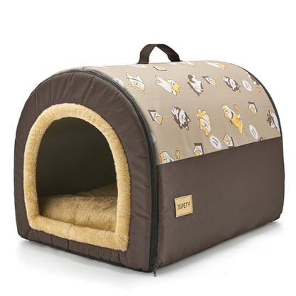 Jiupety Indoor Dog House, 2 in 1 Portable Foldable House Bed with Cover, Pet Tent & Cave Bed for Small Medium Dog, L(21"×17"×15"), Up to 16 Lb, Brown - style: L