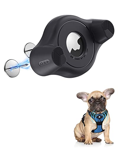 AirTag Holder Fit All Dog Collars Harness, Stouchi Innovative Style Protective AirTag Case with Pins Fixing Buckle for iPhone, AirTag Pet, Dog and Cat AirTag Mount - color: Black-1 Pack