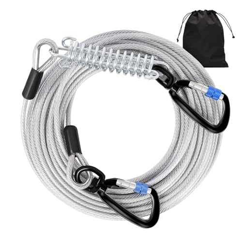 Dog Leads for Yard 50FT-1000LBS Break Strength,Heavy Duty Tie Out Cable for Dogs with Swivel Lockable Hook & Spring,Chew Proof Dog Chain for Outside,Dog Run Cable for Medium Large Dogs - color: Silver, size: 50FT