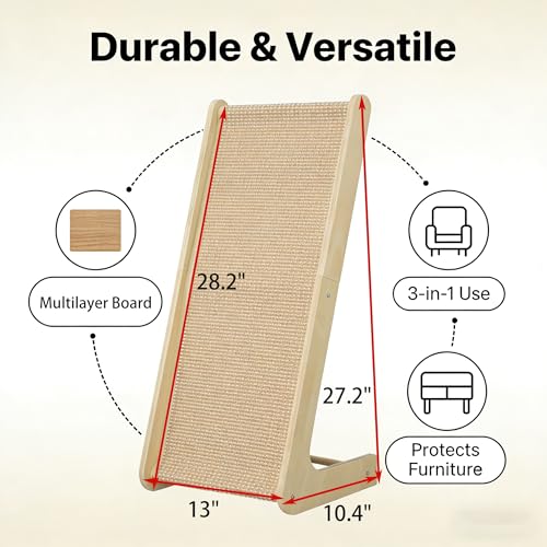 L-Shaped Cat Scratching Board with Sisal and Wooden Frame, Wall Mounted Scratcher Pad with Ball Toy for Indoor Cats, 28.2 Inch (28.2inch)