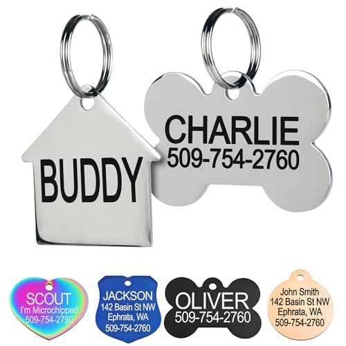 GoTags Stainless Steel Pet ID Tags, Personalized Dog Tags and Cat Tags, up to 8 Lines of Custom Text, Engraved on Both Sides, in Bone, Round, Heart, Bowtie and More (House, Regular (Pack of 1)) - size: Regular (Pack of 1), style: House