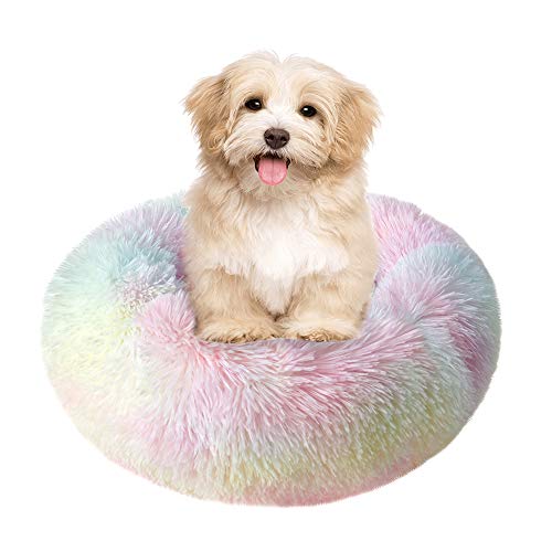 otoez Kitten Puppy Bed Extra Small XS Round Dog Cat Beds Anti Anxiety Plush Pet Calming Donut Bed with Non-Slip Waterproof Bottom, Washable (15.7", Rainbow) - color: Rainbow, size: 15.7"