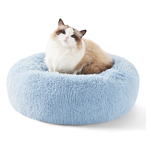 Bedsure Calming Cat Beds for Indoor Cats - Small Washable Round Cat Bed, Anti-Slip Fluffy Plush Faux Fur Pet Bed, Fits up to 15 lbs Pets,Light Blue, 20 inches - color: Light Blue, size: 20"L x 20"W x 6"Th