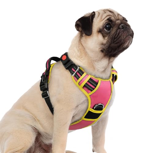 rabbitgoo Dog Harness Small Sized, No Pull Dog Vest with 3 Buckles, Adjustable Soft Padded Pet Harness with Easy Control Handle and Reflective Strips, Pink & Yellow, S - color: Pink & Yellow, size: Small