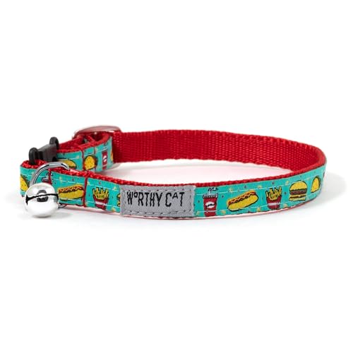 THE WORTHY DOG Patterned Food Fest Cat Collar with Bell, Adjustable Nylon Safety Collar, Turquoise, One Size - color: Turquoise-Food Fest