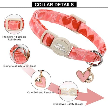 Unique style paws 2 Pack Valentine's Kitten Collar Breakaway with Bell&Pendant, Adjustable Safety Red Lip Rainbow Cat Cotton Collar for Girl Boy Cat and Small Pet - color: painting blue pink love