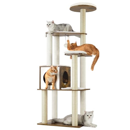 Feandrea Cat Tree, 64.6-Inch Modern Cat Tower, Multi-Level Condo with 5 Scratching Posts, Perch, Washable Removable Cushions, Cave, Rustic Brown UPCT166X01 - color: Rustic Brown