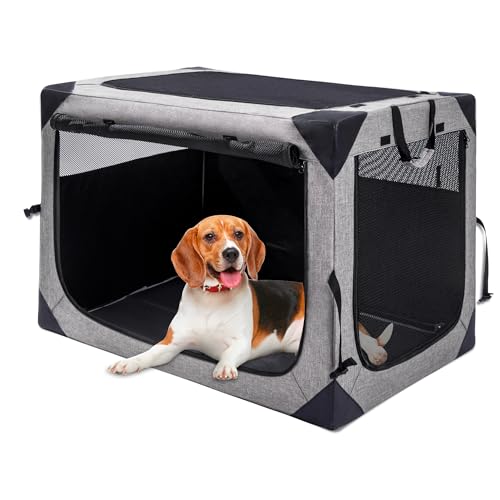 Hiaksedt Dog Crates - 36 Inch Collapsible Soft Dog Crate, 3-Door Foldable Soft Kennel for Large Dogs, Portable Pet Travel Cage with Chew Proof Mesh Window for Outdoors - color: Light Gray
