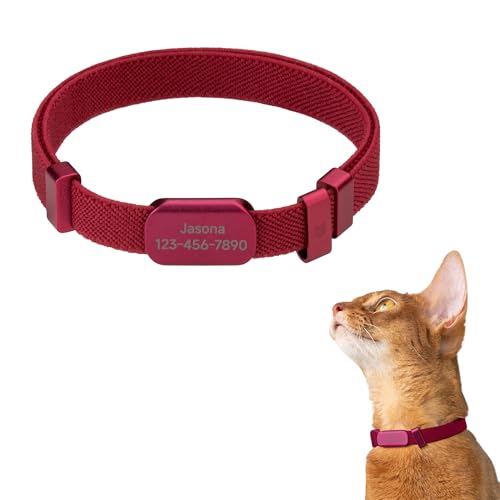 Anti-Choke Elastic Cat Collar and Personalized Name Tag Set, U.S IDA Gold Award Non Breakaway Cat Collar Engraved ID Tag Personalized Cat Collar for Kitten Small Large Cats (Burgundy, S) - color: Burgundy, size: S