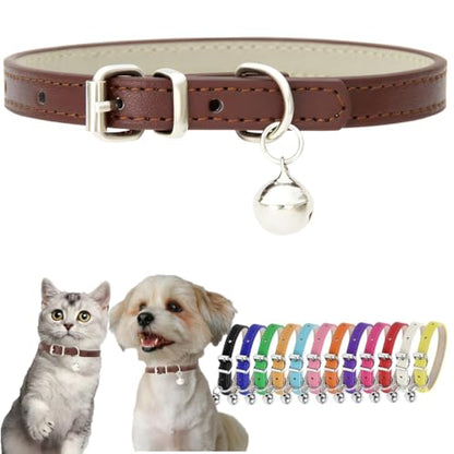 Brown XXS Dog Collar with Bell Leather Puppy Collar with Bells Adjustable Buckle Kitten Cat Collars for XXSmall XS Tiny Little Extra Small Breed Pets Boys Girls Like Chihuahua, XX-Small - color: Brown, size: XX-Small (5-8 inches)