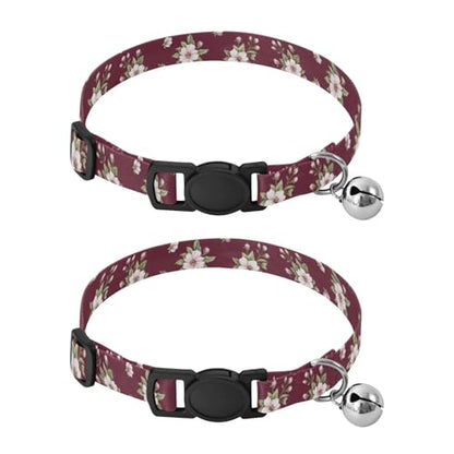 Burgundy Floral Blossom Cat Collars 2 Pack Soft Cat Collar Adjustable 10.6 to 17.1 Inches - color: Burgundy Floral Blossom