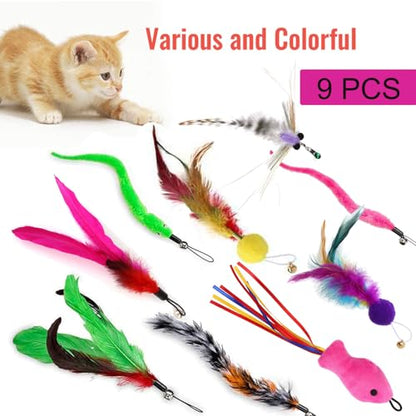 Interactive Cat Wand Toy Set, 11 Pcs with 2 Retractable Wands & Feather Refills, Indoor Chase and Exercise Teaser for Cats