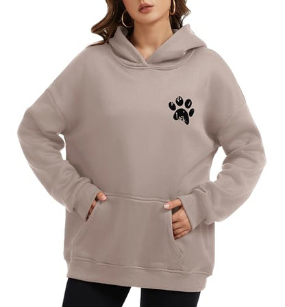 Womens Dog Paw Hoodie-Long Sleeve Pullover Fleece Lined Dog Mom Sweatshirts with Pocket - color: B-grey Brown, size: X-Large