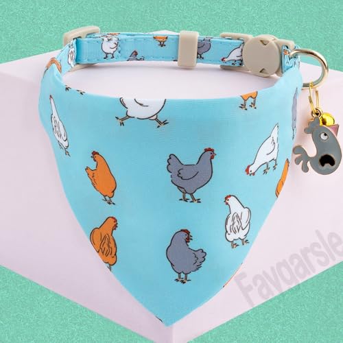 Faygarsle 2 Pack Chicken Pattern Cat Collar Set with Bandana and Bowtie, Light Blue, Breakaway Safety Clasp with Bell - color: Blue Chicken