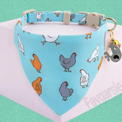Faygarsle 2 Pack Chicken Pattern Cat Collar Set with Bandana and Bowtie, Light Blue, Breakaway Safety Clasp with Bell - color: Blue Chicken