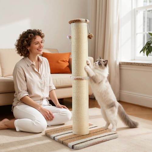Joydeco Cat Scratching Post 34 Inches Heavy Duty and Thick Scratching Post Sisal Rope with Hanging Ball and Mice for Indoor Cats(Coffee) - size: 34 inch Coffee