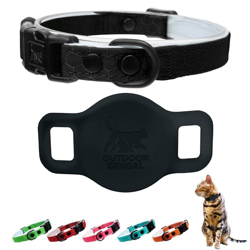 OutdoorBengal Breakaway Cat Collar + Airtag Holder, No Bell - Compatible Silicone Case, Breakaway Airtag Cat Collar for Apple Air Tag - Waterproof Tracking Collars for Boy, Girl, Cats, Kittens (Black) - color: Charcoal Black