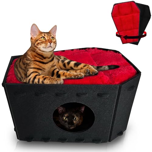 Gothic Cat Bed for Indoor Cats or Pets, Foldable as Halloween Cat House with Soft Cushion for Goth Bed, Gothic Cat House, Coffin Shape Cat Cave Bed, Black and Red Color Halloween Cat Bed