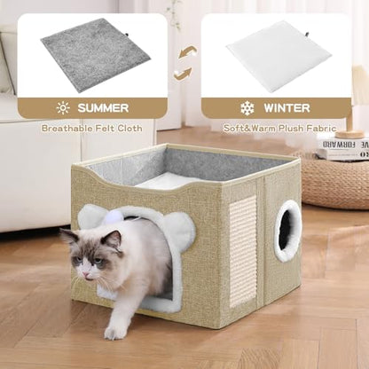 Cat House for Indoor Cats, Large Cat Bed Cave with Scratch Pad and Fluffy Ball, Foldable Cat Hideaway Condo, Kitten Bed, 16x16x13inch (Khaki, Large) - color: Khaki