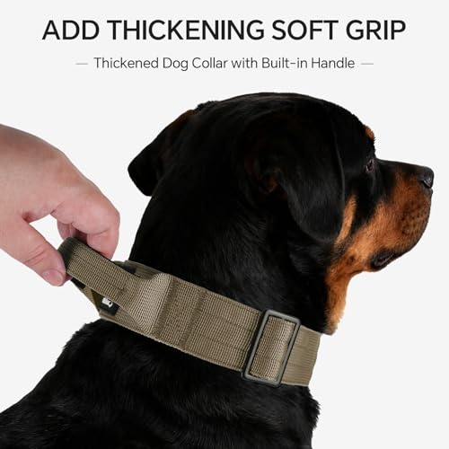 Tactical Thick Dog Collar, Adjustable Training Nylon Dog Collar, Heavy Duty Metal Buckle & Control Handle for Small Medium Large Dogs (M, Khaki) - color: Khaki, size: M
