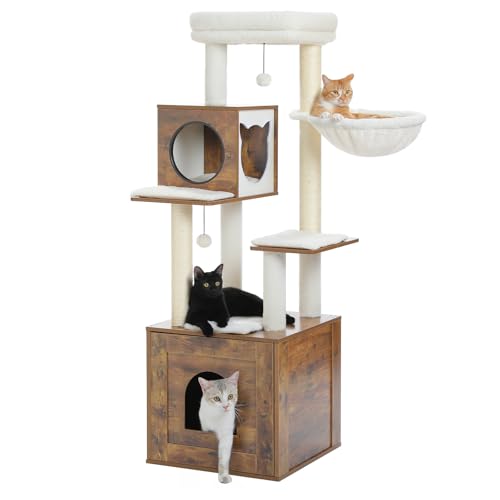 PEQULTI 57.5" Cat Tree with Litter Box Enclosure Large, Wood Cat Tower for Indoor Cats with Storage Cabinet and Cozy Cat Condo, Sisal Covered Scratching Post and Repalcable Dangling Balls, Brown - color: Brown, size: 58''