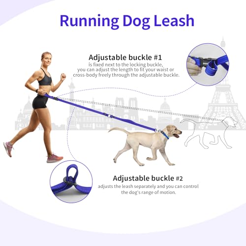 Hands Free Dog Leash by Kazazoo, Adjustable 6-9 FT Waist & Crossbody Leash with Quick Off Buckle, Reflective Stitches for Walking, Jogging,Medium to Large Dogs & Puppies Blue-L - color: Blue, size: L
