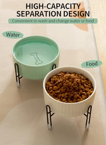 32 OZ Ceramic Dog Cat Bowls with Elevated Metal Stand, 2 Heights Elevated, 6.5 Inch Ceramic Round Pet Food and Water Feeder Bowl Dish for Cats & Dogs, White & Green - color: White & Green