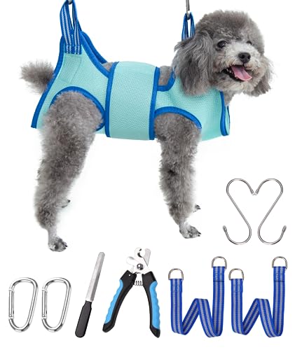 Kkiimatt Dog Grooming Hammock, XS Size Hanging Harness Holder for Nail Clipping,Nail Trimming Hammock for Pet, Grooming Sling Hanger with Thick Fabric Neck Support Wide Strap Restraint - color: X-Small 11 LB Max/Turquoise