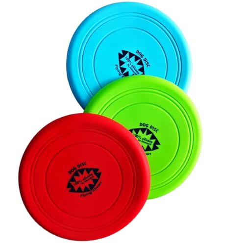 100% Silicone Flying Disc for Dog Training Soft Safe 7 Inches 3 Pack Durable in Green Blue, Red Color