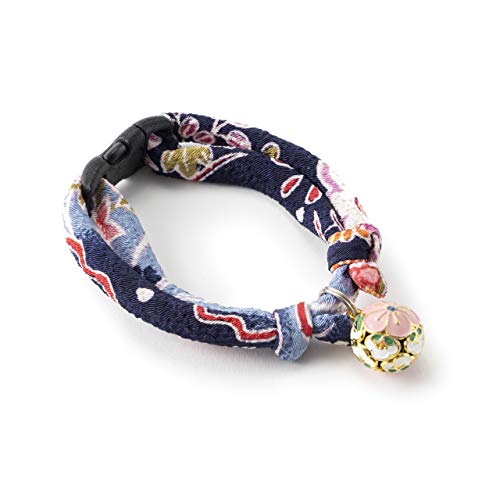 Chirimen Plum Blossom Cat Collar (Blue) with Bell Safety Breakaway Soft Lightweight for Cats Kitty Kitten Japanese Stylish Pattern, No.1 Seller in Japan - color: Blue