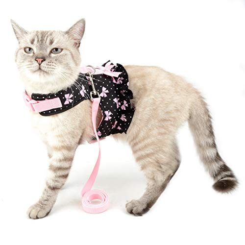 Zunea No Pull Small Dog Girl Harness Dress Escape Proof Cat Kitten Vest Harness Leash Set Step-in Soft Cotton Padded Polka Dot Jacket Chihuahua Puppy Clothes with Cute Bow for Walking Black M - color: black bows, size: M (Chest:16.9-17.7", Neck:10.6-11.4"
