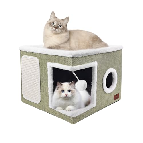Cat Beds for Indoor Cats, Large Cat Cave Bed with Scratch Pad and Fluffy Ball, Foldable Cat Hideaway, Cat House with Reversible Cushion for Multi Small Pet Up to 30LBS, Green - color: Green, size: Single
