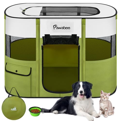 Dog Playpen, Portable Pet Playpen Cat PlayPens, 600D Oxford Dog Kennel Tent Crate, Waterproof&Breathable, Indoor Outdoor Travel Camping Use for Medium/Large Breed with Carrying Case+Folding Bowl(M) - color: Avocado Green, size: Medium(32"x24"x22")