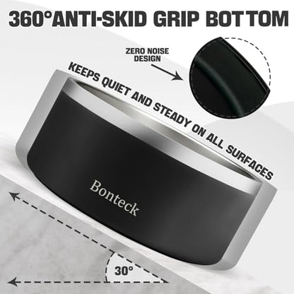 Bonteck Dog Bowl - Dog Water and Food Anti Rust & Non Slip Metal Bowls Large, Spill Proof Insulated Double Wall Pet Dish for Dogs, Cats & Pets, Stainless Steel, Dishwasher Safe (100 oz, Black)