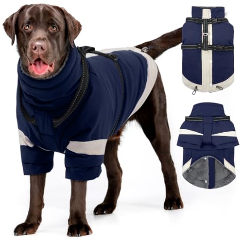 MIGOHI Reflective Dog Winter Coat,Warm Dog Jacket With Harness,Fleece Jacket for Large Dogs,Waterproof Pet Puffer Jacket Snowsuit,Windproof Pet Clothes for Cold Weather,Australian Shepherd,XL,NavyBlue - color: Navy Blue, size: XL(Chest:29.9")