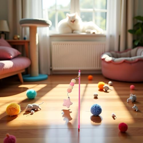 Pink Cat Stick Toy Elastic Rope Plush Ball Star Pendant Bite-Resistant Comfortable Grip Relieve Boredom Handmade Kitten Teaser Wand Cat Mice and Animals Toys
