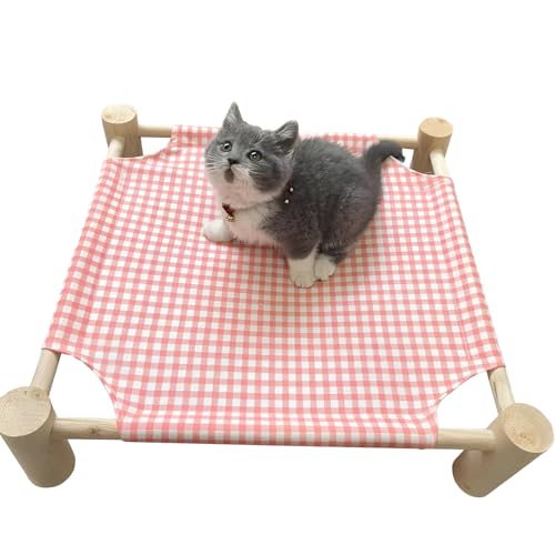 Elevated Cat & Dog Bed – Wooden Frame Pet Hammock for Small Dogs & Cats, Indoor/Outdoor Raised Bed with Breathable Mesh, Portable Pet Cot Furniture – Pink Grid - color: Pink Grid