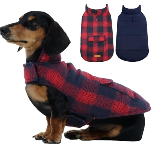 Kuoser Reversible Winter Coat, British Style Jacket for Small Dogs, Warm Windproof Puppy Cold Weather Clothes Vest, Red XS - color: Red+Blue, size: XS (Chest Girth: 9.4-13.8'')