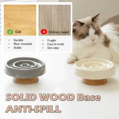 Ceramic Cat Slow Feeder, Raised Slow Feeder Cat Bowl, Anti Vomiting and Whisker Friendly Kitty Dish, Elevated Puppy Kitten Food Bowl for Dry and Wet Food (White) - color: White
