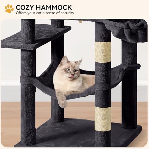 YITAHOME 64.5" Cat Tree, Multi-Level Cat House, Large Cat Condo Furniture with Perch Hammock, Scratching Posts and Dangling Balls for Kittens, Cats and Pets,Dark Gray - color: Dark Gray, size: 64.5inch