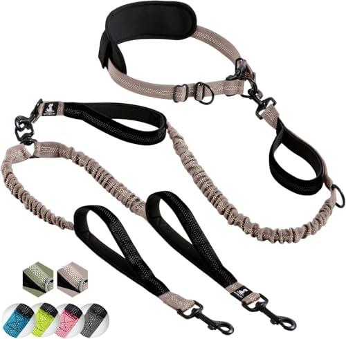 SparklyPets Hands Free Double Dog Leash – Dual Leash for Medium and Large Breeds – Lead for 2 Dogs with Padded Handles, Reflective Stitches, No Pull, Tangle Free (Brown) - color: Brown, size: 2 dogs M/L