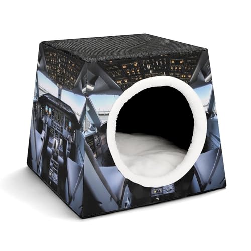 Airplane Cockpit Cat Bed for Indoor Cats - Foldable Cat & Dog House with Removable Cozy Cushion, Waterproof Oxford Washable Pet House for Small Pets 13.8" X 13.8" X 11.8"