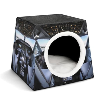 Airplane Cockpit Cat Bed for Indoor Cats - Foldable Cat & Dog House with Removable Cozy Cushion, Waterproof Oxford Washable Pet House for Small Pets 13.8" X 13.8" X 11.8"