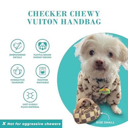 Haute Diggity Dog Chewy Vuiton Handbag Plush Squeaky Dog Toy, Soft Durable Designer-Inspired Stuffed Puppy Chew Toys for Small & Medium Dogs, Machine-Washable (Tan Checker) Large - color: Brown Handbag, size: Large