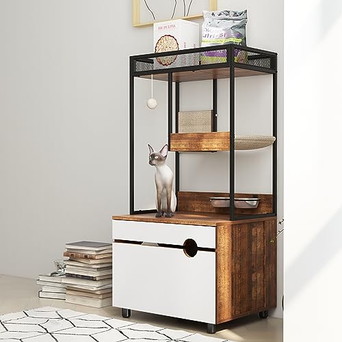 Cat Litter Box Enclosure Cat House Cat Washroom Furniture Cat Cabinet with Storage Shelf, Cat Tree Tower, White+Vintage