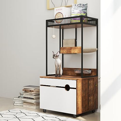 Cat Litter Box Enclosure Cat House Cat Washroom Furniture Cat Cabinet with Storage Shelf, Cat Tree Tower, White+Vintage