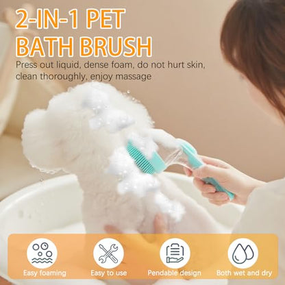 7 PCS Pet Bath Brush Set, Dog Bath Brush with Shampoo Dispenser, Cat Chin Cleaning Brush, Dog Toothbrush, Adjustable Glove Massage Brush, Pet Scrubber for Bathing Long Short Haired Dogs Cats - color: Blue