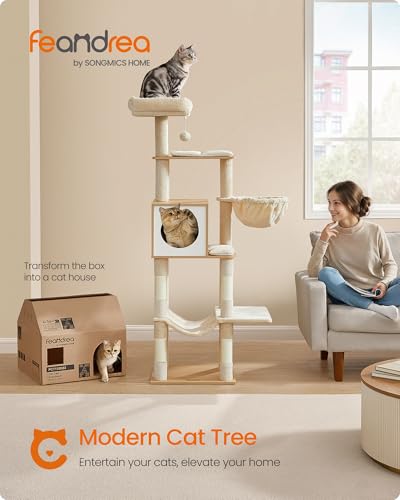 Feandrea Cat Tree, 65-Inch Tall Cat Tower, Multi-Level Condo with Cave, Basket, Hammock, Pompom, Scratching Posts, Almond Yellow UPCT118Y01 - color: Almond Yellow
